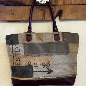 Mona B Patchwork Canvas Tote Bag Leather Handles
